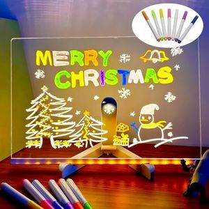 LED Note Board with Colors, Lighted Acrylic Dry Erase Board, Illuminated Acrylic Note Board with Adjustable Stand and 7 Colors Pens, Acrylic Message Board Christmas Gifts for Kids Boys (7.9” X 7.9”)