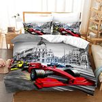 FANSU Bedding Set Double Bed, 3D Effect Complete Set 1 Duvet Cover 2 Pillow Cases Polyester Print Zip Easy Care (Single-135x200, Racing car)