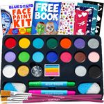 Blue Squid Face Paint Kit for Kids - 52 Pieces, 14 Colors, 2 Glitters, 30 Stencils, 4 Makeup Sponges, Face Paint Party Supplies - Safe Facepainting fo