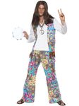 Smiffys Groovy Hippie Costume, Multi-Coloured Top with Attached Waistcoat, Trousers and Headband, 1960's Groovy Fancy Dress, Adult Dress Up Costumes