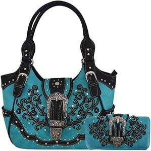 Western Style Tooled Leather Buckle Concealed Carry Purse Country Handbag Women Shoulder Bag Wallet Set, Turquoise Set, L