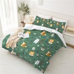 Yasida Wildlife Safari Animal Print Bedding Kids Woodland Bedding Microfiber Dark Green Bedding With Cute Lion Bear Fox Tree Pattern For Boys/Girls Double Duvet Cover Set200x200 With 2Pillowcases50x75