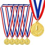 Juvale 6-Pack 1st Place Winner Gold Medals for All Ages, Participation Awards with 15.5-Inch Red, White, and Blue Ribbon for Sports, Tournaments, Competitions (Metal, 2 in)