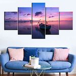 Ship Paintings Fishing Boat Pictures Living Room Home Decorations Seascape at Sunset Artwork Fantasy Ship Wall Art Multi Panel Printed on Canvas Framed Giclee Ready to Hang Man Gift(60''Wx32''H)