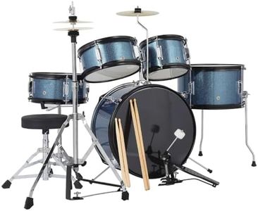 5 Piece Kids Drum Set, Junior Drum Kit with Bass Drum, Tom, Snare Drums, Hi-Hat, Cymbal and Drums Pedal, Full 16in Youth Drum Set with Drumsticks and Stool for Boys and Girls, Blue