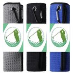 3Pcs Golf Towels, Microfiber Waffle Pattern Golf Cleaning Towel, 15.7” X15.7” Golf Accessories Value Set, Heavy Duty Carabiner, Men,Women Golf Towels Accessories (Black/Blue/Gray)