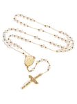 FaithHeart Virgin Marry Cross Necklace with White Crystal Beads, Stainless Steel Rosary Bead Chain Catholic Accessories for Family Children