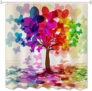 A.Monamour Colorful Tree Painting Butterfly Shape Leaves Creative Pattern Nature Theme Print Waterproof Fabric Polyester Shower Curtain for Bath