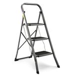 3 Step Ladder, Lightweight Folding Step Stools for Adults with Anti-Slip Pedal, Portable Sturdy Steel Ladder with Handrails, Perfect for Kitchen & Household, 330 lbs Capacity, Grey