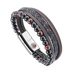 Casisto.J Men's Leather Bracelet, Braided Leather Beads, Stainless Steel, Black, Brown, Blue, with Magnetic Clasp, Easy Packaging