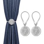 MoKo 2 Pack Sparkling Magnetic Curtain Tiebacks, Floral Decorative Curtain Tie Backs, No Drilling Curtain Holdbacks, Stainless Spring Wire Drapery Curtain Holder Buckle for Home Office - Silver