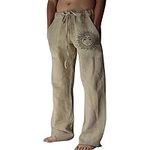 Litthing Mens Linen Trousers Cotton Jogging Bottoms Casual Summer Pants with Pockets Loose Fit Drawstring Trousers Comfortable Lightweight Pants Khaki