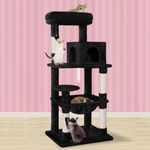 BEASTIE 143cm Multi-Level Cat Tree Tower with Scratching Posts, Sisal-Covered Cat Condo Play House Wood Furniture with Plush Perch, Black Cat Scratcher Tower for Kittens Climbing and Rest