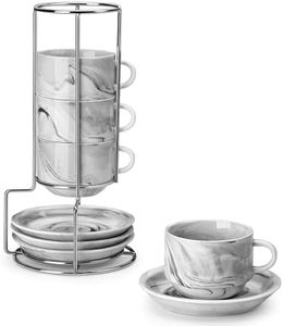 MALACASA 8 OZ Porcelain Espresso Cups with Saucers and Metal Stand Set of 4, Stackable Cappuccino Cups, Marble Gray Expresso Shots Cup Set for Coffee Drinks, Latte, Tea