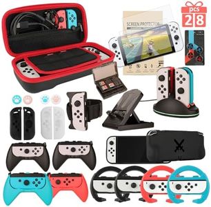 Switch OLED Accessories - Family Bundle Accessories for Nintendo Switch OLED, Carry Case& Screen Protector,4 Pack Joy Con Grips and Steering Wheels, Case Cover,Stand Mount,Joy Con Charger and More
