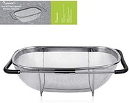 6-Quart Large Over The Sink Colander, 18/8 Stainless Steel Fine Mesh Strainer Basket with Expandable Rubber Grip Handles - Strain, Drain, Rinse Fruits, Vegetables