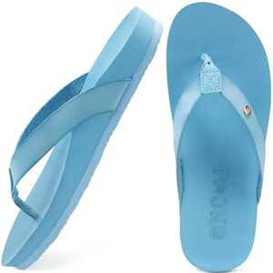 ONCAI Womens Flip Flops For Women Comfortable Leather Strap Yoga Mat Non-Slip Women's Thong Sandal Casual Summer Beach Slippers With Arch Support Cyan Size 9