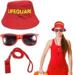 UILYNIU 3 Pieces Life Guard Costume Accessories, Beach Costume Include Bucket Hat Guard Whistle Sunglasses, Sunscreen Hats for Adults Kids Fancy Dress Up Men Women Pool Lifeguard Cosplay Party (3PCS)