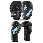 Lions Focus Pads and Gloves Set - Boxing Hook and Jabs Sparring Punch Martial Arts MMA Punching Mitts Muay Thai Kickboxing Coach Glove Sets for Men Women (BLUE-MAXSTAR, 10OZ)