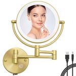 RECKODOR Lighted Led Shaving Mirror Wall Mounted Gold, 1X/5X Double Sided Brass Vanity Mirror with Light and Magnification, 360 Swivel Extendable Mirror Touch Dimmable, Brushed Gold