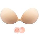 Push up Bra Backless Bras for Women, Reusable Stick on Bra Strapless Bra, Comfortable Invisible Sticky Bra and Nipple Covers for All Backless Clothes Beige