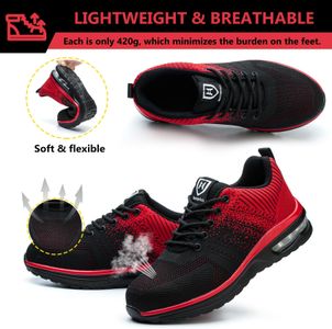 Baofular Steel Toe Safety Trainers – Lightweight Non-Slip Work Shoes, Red, Men/Women, UK 10