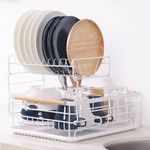 Navaris 2 Tier Dish Rack - Compact Drying Kitchen Board with Drip Tray & Cutlery Holder - Easy to Assemble and Clean Dishes - Sink Drainer Rack - White