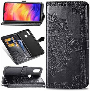MUSESHOP Funda Xiaomi Redmi Note 7/Note 7 Pro, Estuche de Cuero Estampado Mandala Libro de Cuero con Tapa y Cartera, Carcasa PU Leather con TPU Silicona Case Interna Suave - Negro