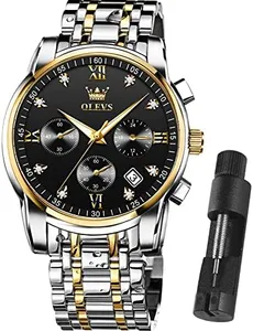 OLEVS Watches for Men Water Resistant Big Face Silver and Gold Black Large Watch for Men Stainless Steel Metal Band Bracelet Original Luxury Chrono Classy Watches Chronograph Analog Waterproof Adjustable Two Tone relojes para hombres Wristwatch