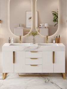 homary 60 Inch Freestanding Bathroom Vanity with Double Sink, Modern White Sintered Stone Top, Ample Storage Cabinet for Shared Bathroom, White