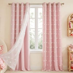 NICETOWN Crystal Pink Pom Pom Kids Curtains 96 inch Length, Room Darkening Double Layer Sheer Drapes for Girls Room Decor, Grommet Thermal Window Treatments, W52 x L96, 2 Panels