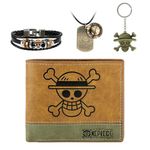 FJLyoupin 4 PCS OnePiece Luffy Bifold Wallet Anime Set (Straw Hat Pirates Jolly Roger Mens Wallet + Luffy Skull Pendant Necklace + Luffy Keychain + OnePiece Bracelet) Good Gift for Anime Fans, Vintage