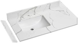 EQLOO 36 in.W x 22 in.D Quartz Calacatta River Vanity Top,with Undermount Left Offset Sink Vanity Top,with Two Sidesplash & One Backsplash,8 Inch Faucet Hole Spread Bathroom Vanity Sink Countertop