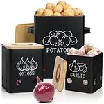 WUWEOT 3 Pack Vegetable Storage Bin, Potato Onion Garlic Storage Canister, Black Metal Vegetable Fresh Keeper Caddy, Kitchen Pantry Organizer Jars with Bamboo Lid and Aerating Holes