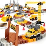 Construction Race Tracks Set, Flexible Train Tracks w/ 2 Electric Construction Race Vehicles w/Lights, STEM Engineering Race Track Toys with Dump Truck, Crane Assort Acessories for Boys Girls