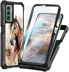 Qindaiwen for Cricket Outlast Phone Case, AT&T Jetmore Case with Tempered Glass Screen Protector, Heavy Duty Shockproof Dual Layer Structure Protective Cover Silicone TPU Case, Ink Painting Horse