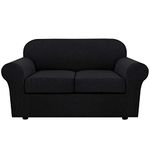 3 Piece Stretch Sofa Covers for 2 Cushion Couch Loveseat Covers for Living Furniture Slipcovers (Base Cover Plus 2 Seat Cushion Covers) Feature Upgraded Thicker Jacquard Fabric (Loveseat, Black)