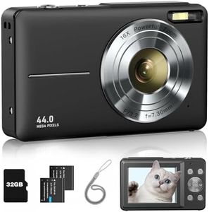 Digital Camera for Kids, 44MP FHD 1080P Camera with 32GB Card, 2 Batteries, 16X Zoom, Anti-Shake, Compact Point and Shoot, Portable Camera for Children, Students, Teens - Black