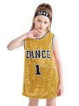 LOLANTA Girls Hip Hop Dance Clothes Kids Jersey Sequin Dress Long Tank Top Jazz Cheerleading T-shirt(Gold,6-7)