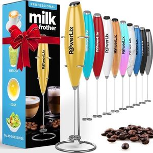 PowerLix Milk Frother Handheld Battery Operated Electric Whisk Foam Maker For Coffee, Latte, Cappuccino, Hot Chocolate, Durable Mini Drink Mixer With Stainless Steel Stand Included (Gold)