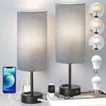 CNXIN 15" Small Bedside Table Lamps Set of 2 for Bedroom with 3 Color Temperatures, Pull Chain Mini Nightstand Lamps with USB Port & Outlet for Kids Guest Bedroom Living Room Office, Grey