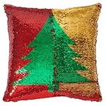 THE TWIDDLERS - Christmas Cushion Cover, Reversible Christmas Decoration - Sequined Mermaid Xmas Decoration - Red & Gold Festive Home Pillow Decor for Kids & Adults with Tree Design