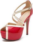 Enelauge Women's Crisscross Strappy Platform High Stiletto Heels Peep Toe Pump Party Sandals, Red, 7.5