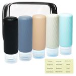 Laxen 5 Pack Travel Bottles for Toiletries with Labels, Silicone Travel Bottles For Toiletries Set with Clear Zipper Toiletry Bag, Leakproof Refillable Squeeze Travel Size Containers for Toiletries.