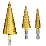 Chargenyang 3 Pcs Straight Grooved Step Drill Bit Set, High Step Steel Titanium Drill Bits Set in Three Metric Sizes 4-12/4-20/4-32mm Hex Shank Drive, HSS Cut Tool Set for Metal Wood DIY Plastic