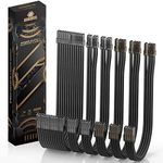 AsiaHorse Power Cords PSU Extension Cable, 16 AWG Power Supply Sleeved Cable Kit of Transparent Connector, 1x24Pin/2x4+4 EPS/3x6+2 PCI-E, 30cm Length of Braided ATX Sleeved with Combs-Bright Black