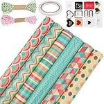 Doryum 6pcs Wrapping Paper 70 × 50cm, Gift Wrapping Paper Sheet with Cotton Thread, Double Sided Tape and Stickers, Colorful Wrapping Paper for Birthday, Christmas, Baby Shower, Parties