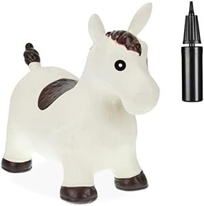 Relaxdays Animal Sauteur, Jouet en Forme de Cheval, avec Pompe à air, Charge maximale 50 kg, 3 Ans et Plus, Blanc