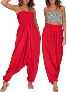 likemary Harem Pants Women Jumpsuits – Maxi Romper Pulls Down into Cotton Boho Pants with Pockets – One Size Convertible 2-in-1 Outfit