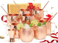Kitchen Science Moscow Mule Copper Mugs 16 Ounce with 8 Straws and Jigger Set